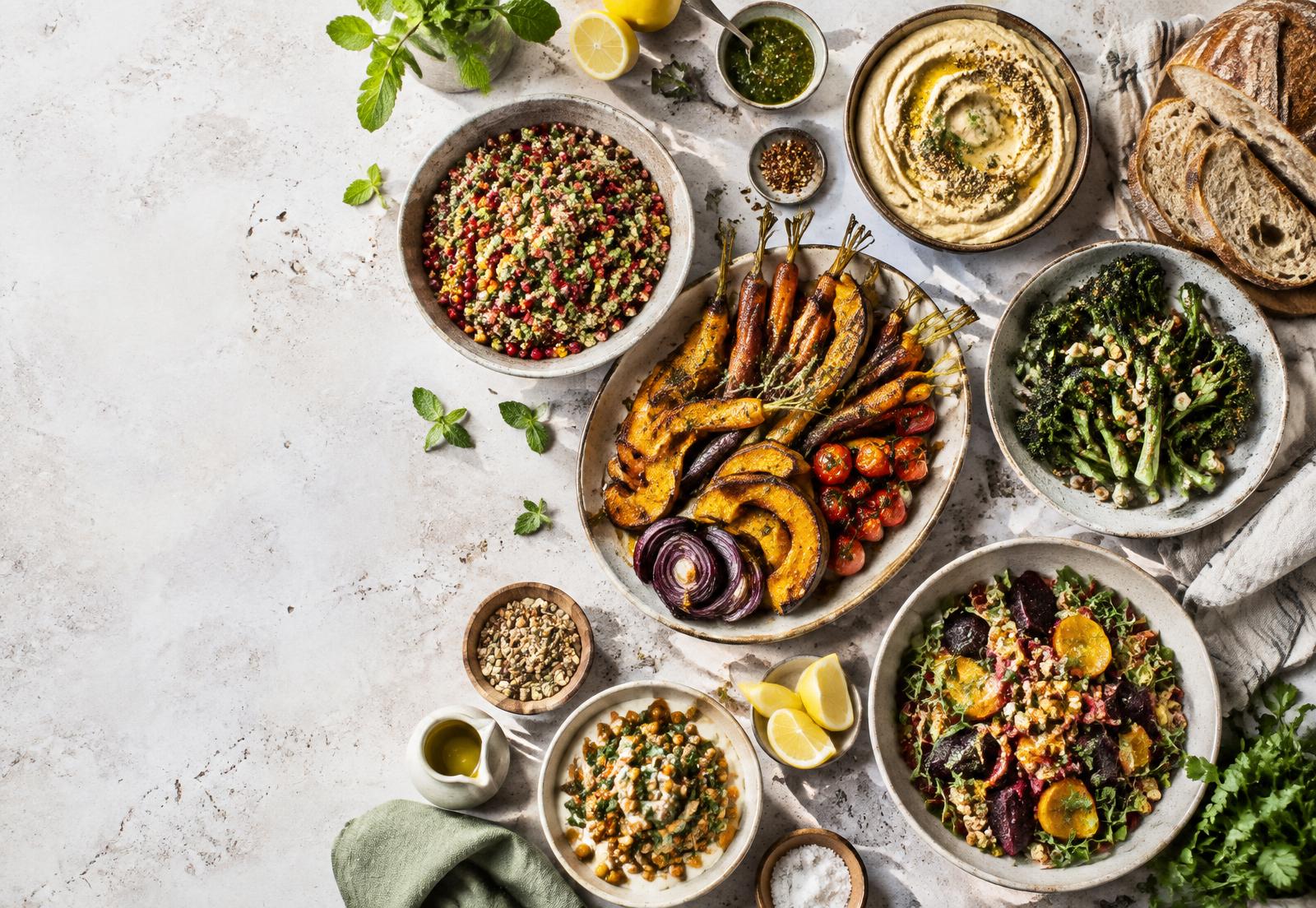 A colourful flat lay of vegan dishes